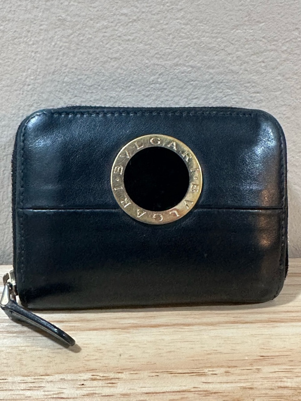Bvlgari Black Leather Zip Card Holder with Gold Logo